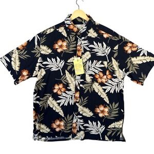 Island Republic Mens XL Hawaiian Shirt Black Floral Leaf Print Short Sleeve Silk